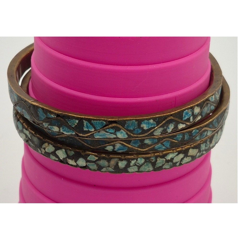 Vintage Bangle Bracelet Set 3 Brass Turquoise Mosaic Inlay Indian Stacking